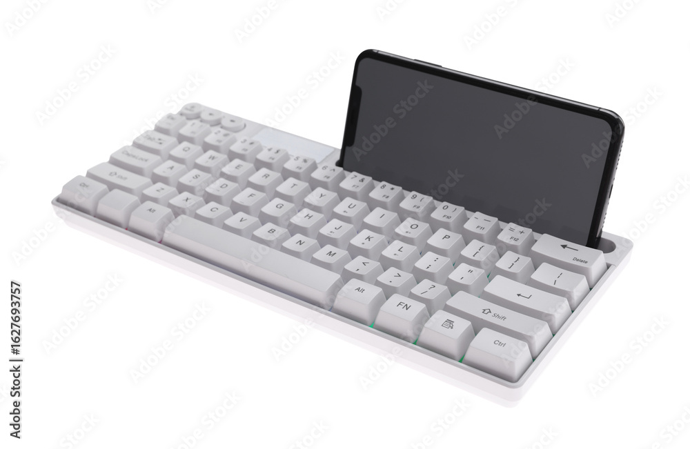 Modern computer keyboard with smartphone isolated on white Modern computer keyboard with smartphone isolated on white