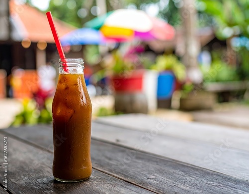 Indonesian Teh Botol in Glass Bottle with Ice and Straw