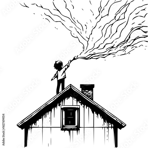 A boy standing on a roof holding up a cloud like formation in a black and white illustration style