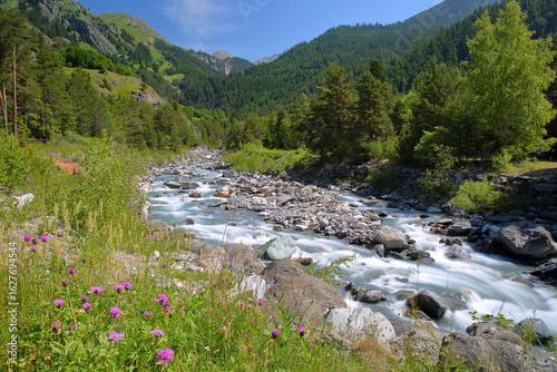 The mountain stream Doron pictured at Pont du Chatelard (Chatelard bridge) near Termignon, Maurienne Valley, Savoie, Northern French Alps, France, and surrounded by green landscape and mountains