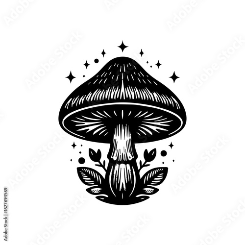 Mystical Mushroom with Stars and Leaves.