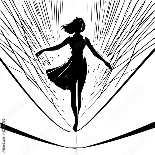 Silhouette of a woman balancing on a tightrope with abstract lines in black and white illustration