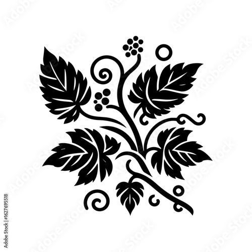 Black Silhouette of Grapevine with Leaves and Berries 2.