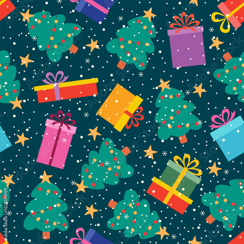 Christmas trees and gifts, winter vector illustration. Holiday seamless pattern. Ornament for gift wrapping paper, fabric, clothes, textile, surface textures, scrapbook.