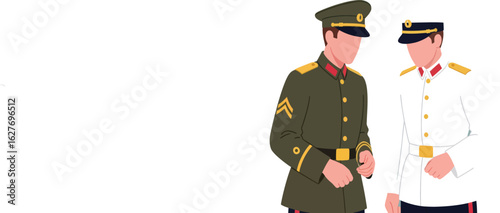 Two illustrated military men in formal green and white uniforms standing and conversing.