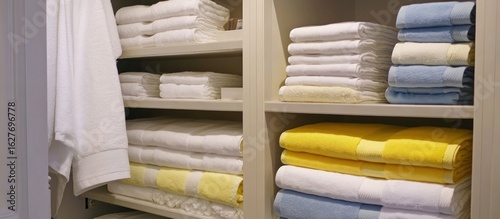 Neatly Organized Linen Closet with Colorful Towels and a Plush Robe