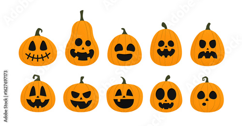 Halloween pumpkin set vector design. Creepy collection of Halloween orange Jack o lantern character with different happy and spooky faces. Holiday vector illustration isolated on white background.