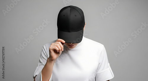 Young person in a white t-shirt adjusting a blank black baseball cap mockup.