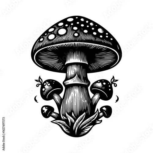 Black and White Mushroom Illustration with Dots 1.