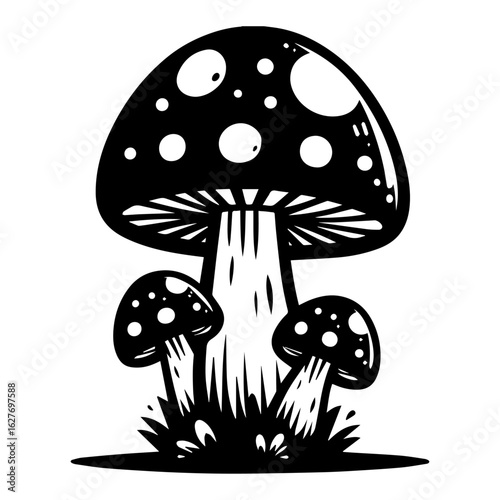 Black and White Mushroom Family Illustration.