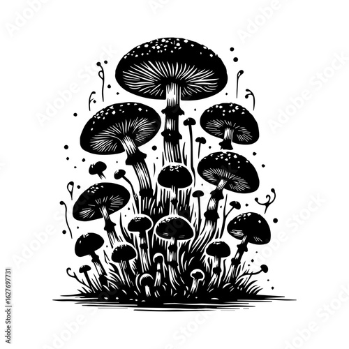 Black and White Illustration of a Cluster of Mushrooms 1.