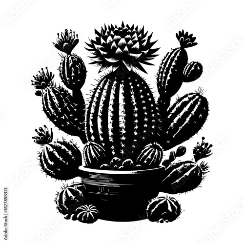 Black and White Cactus Arrangement with Blooming Flowers.