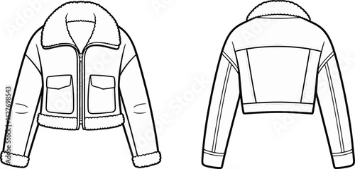 Cropped shearling jacket, front and back view, winter outerwear design, flap pockets, fur collar, zip closure, fashion sketch illustration