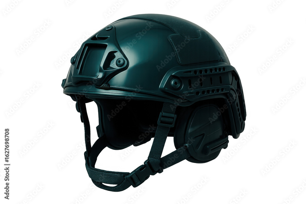Naklejka premium Studio shot of a modern tactical helmet, showcasing its protective design and transparent background