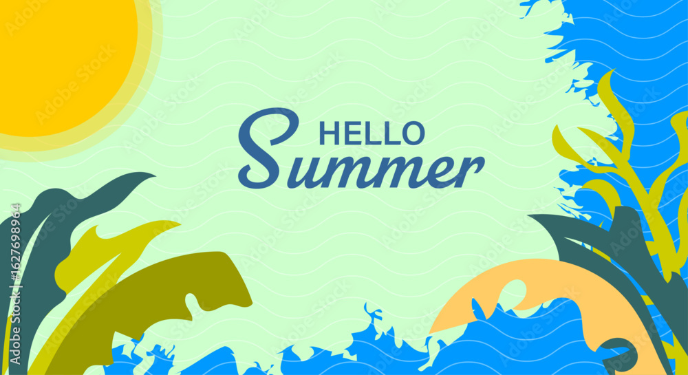 Obraz premium Hello Summer greeting background design. Tropical illustrations with sea, sun, and leaves for advertisements, promotions, and travel discounts