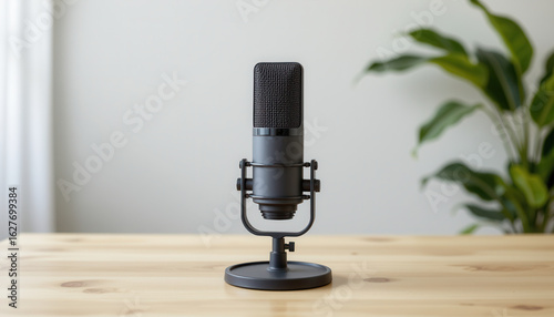 Black podcast microphone on wooden table with blurred plant background, capturing clear audio for recording or streaming