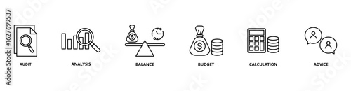 Accounting icon set with audit, analysis, balance, budget, calculation, and advice