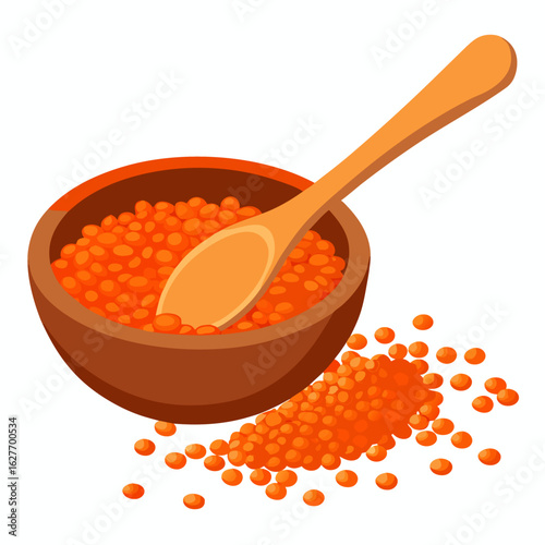 Red lentils in a wooden bowl with a wooden spoon food vector on white background.