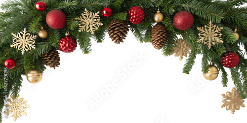 A festive christmas garland made of green fir branches adorned with shiny red baubles golden snowflakes pine cones and small gold ornaments creating a beautiful archway against a black background