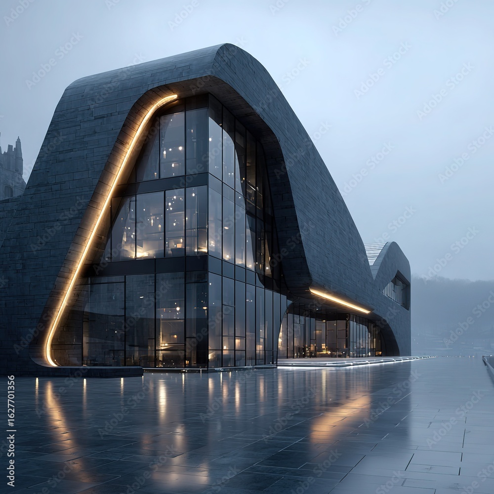 Obraz premium Exterior of Unique Modern Building, Combination of Stone and Glass, Night Lighting Outlines Contour, Creating Sci - tech and Artistic Atmosphere