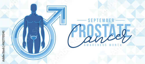 Prostate cancer awareness month - Blue man and prostate sign in male symbol on light blue low poly texture background vector design
