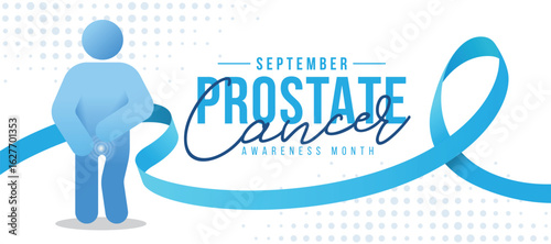 Prostate cancer awareness month - Blue man suffering from prostatitis symbol and light blue ribbon roll around on dot texture background vector design