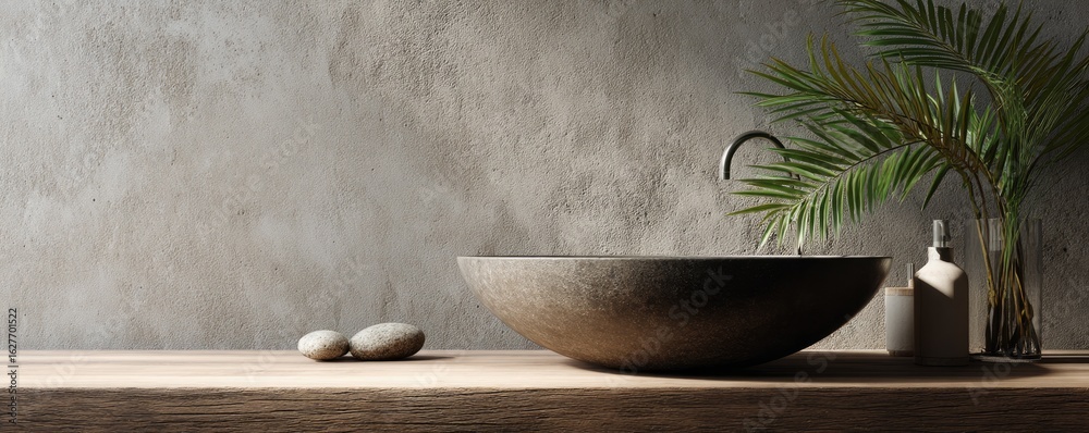 Fototapeta premium Modern, minimalist bathroom vanity with a large, dark stone sink, a palm leaf, and natural elements