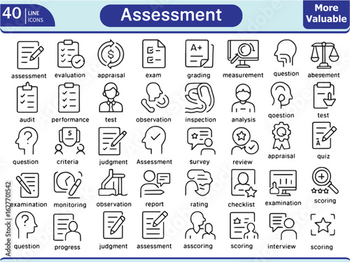 Comprehensive Set of Assessment and Evaluation Line Icons.