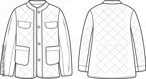 Quilted jacket with button closure, patch pockets, long sleeves, collarless design, casual outerwear, lightweight, warm, stylish, front and back views, fashion apparel