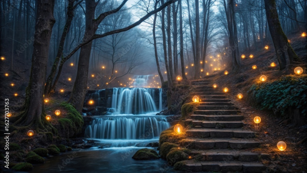 Fototapeta premium Enchanted forest waterfall with glowing lanterns and stone stairs
