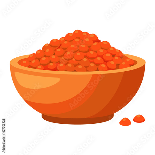 Wooden bowl filled with vibrant red lentils scattered vector on white background.