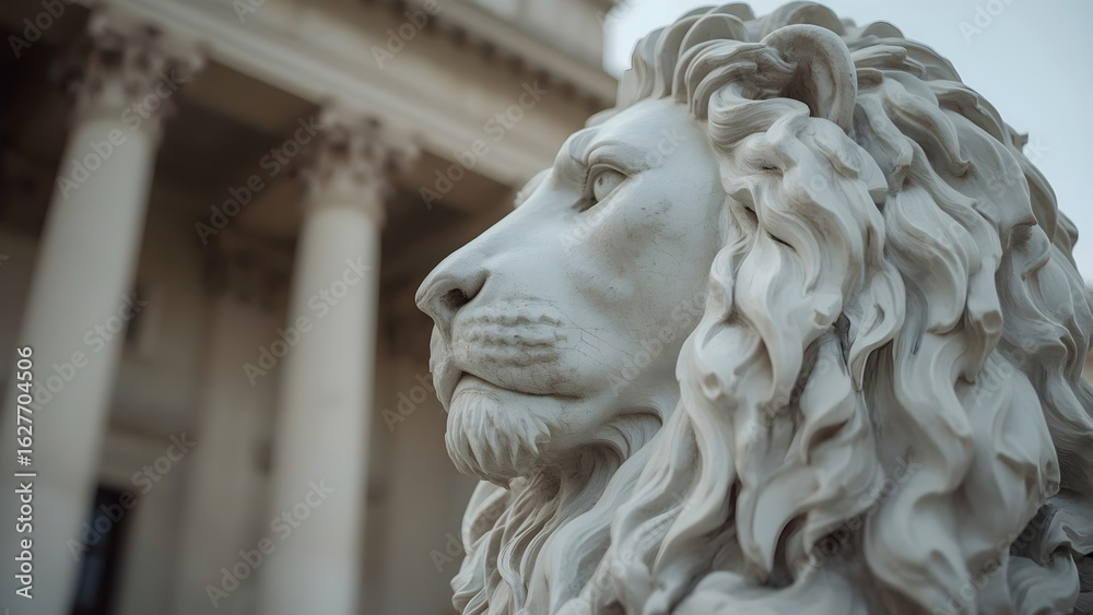 Naklejka premium Closeup of a marble lion statue in front of a classical building with columns