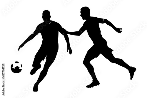 Soccer players compete for ball on white background