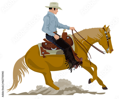 Cowboy Riding Western Horse Sliding Stop Reining Color Illustration