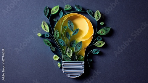 Quilled art light bulb with colorful green leaves, creative eco - friendly design, artistic paper craft, and vibrant decorative element against dark blue backdrop.