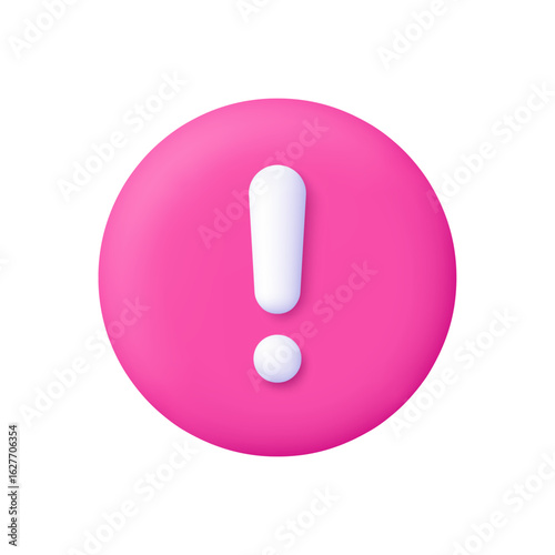White exclamation mark on pink circle button. Alert, warning, caution, notification and danger concept. 3d vector icon. Cartoon minimal style.