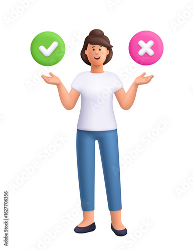 Young smiling woman Jane making decision between two options. Check mark and cross symbol. Choice, selection, decision making and comparison concept. 3d vector people character. Cartoon minimal style.