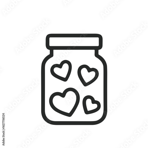 Minimal line icon of a glass jar filled with hearts — symbolizing love, memories, or affection in a preserved form.
