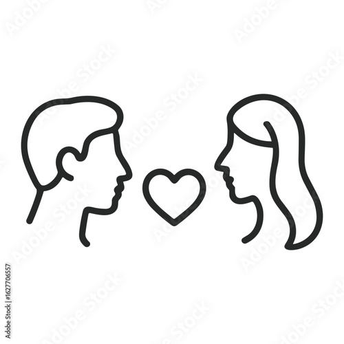 Minimal line icon of a man and woman facing each other with a heart between — symbolizing romantic connection or love.
