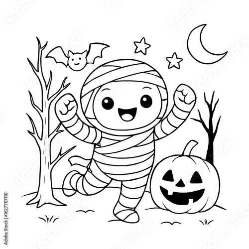 Cute Halloween mummy line art coloring page, ready to print