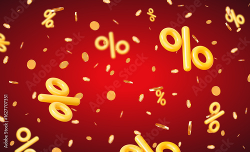 3d flying yellow percent signs with gold coins and confetti on red isolated background. Stock vector illustration.