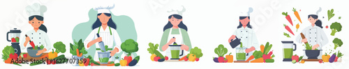 female chef character vector blending vegetables