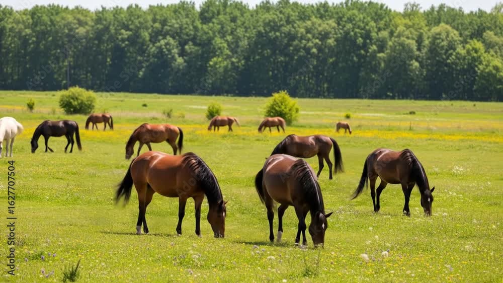 Herd of beautiful horses grazing peacefully in a vibrant green meadow dotted with wildflowers under a clear sky. Herd of beautiful horses grazing peacefully in a vibrant green meadow dotted with wildflowers under a clear sky.