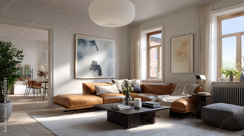 Fototapeta premium modern swedish living room with sleek furnishings and a warm vibe, perfect for a lifestyle concept ad focusing on contemporary living