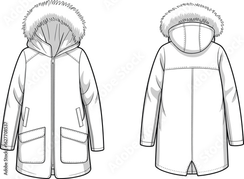 Winter parka coat with fur hood, warm insulated jacket, front zipper, large pockets, long sleeve, stylish cold weather outerwear