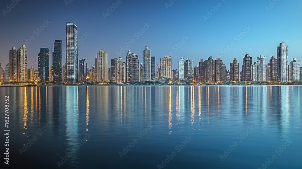Fototapeta premium Stunning Nighttime Cityscape with Reflections on Water, Showcasing Modern Architecture and Lights