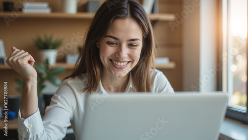 Professional Woman Celebrating Digital Notification – Joyful Female at Laptop with Sunlit Home Office for Remote Work Lifestyle and Digital Communication Concept