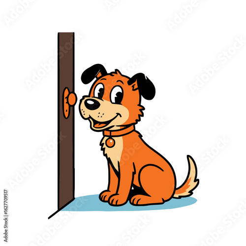Isolated, transparent background. Happy orange dog sitting by a door and waiting for attention  