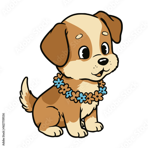 Isolated, transparent background. Cute cartoon puppy wearing a flower garland sitting happily  