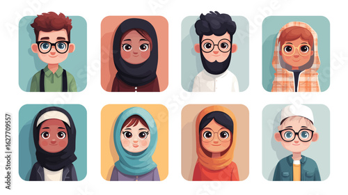 Set of muslim kids avatars. Modern flat cartoon character portraits collection. man and woman faces. User profile icon pack for social media, business team. Vector illustration